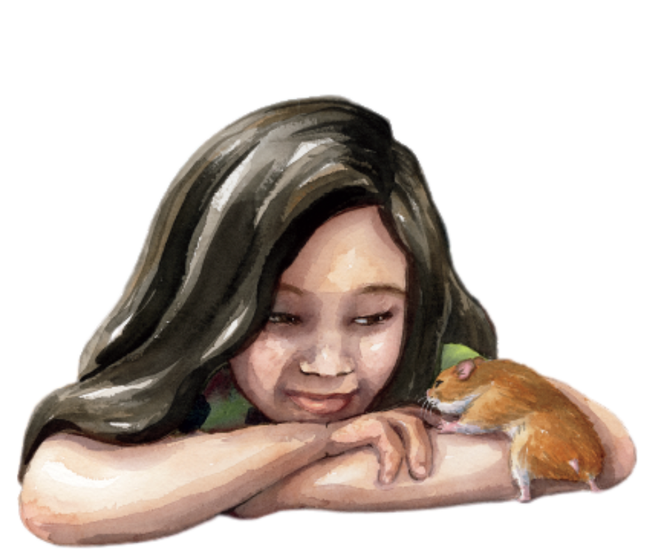 A girl with long dark hair resting her head on her arms, looking at a hamster on her arm