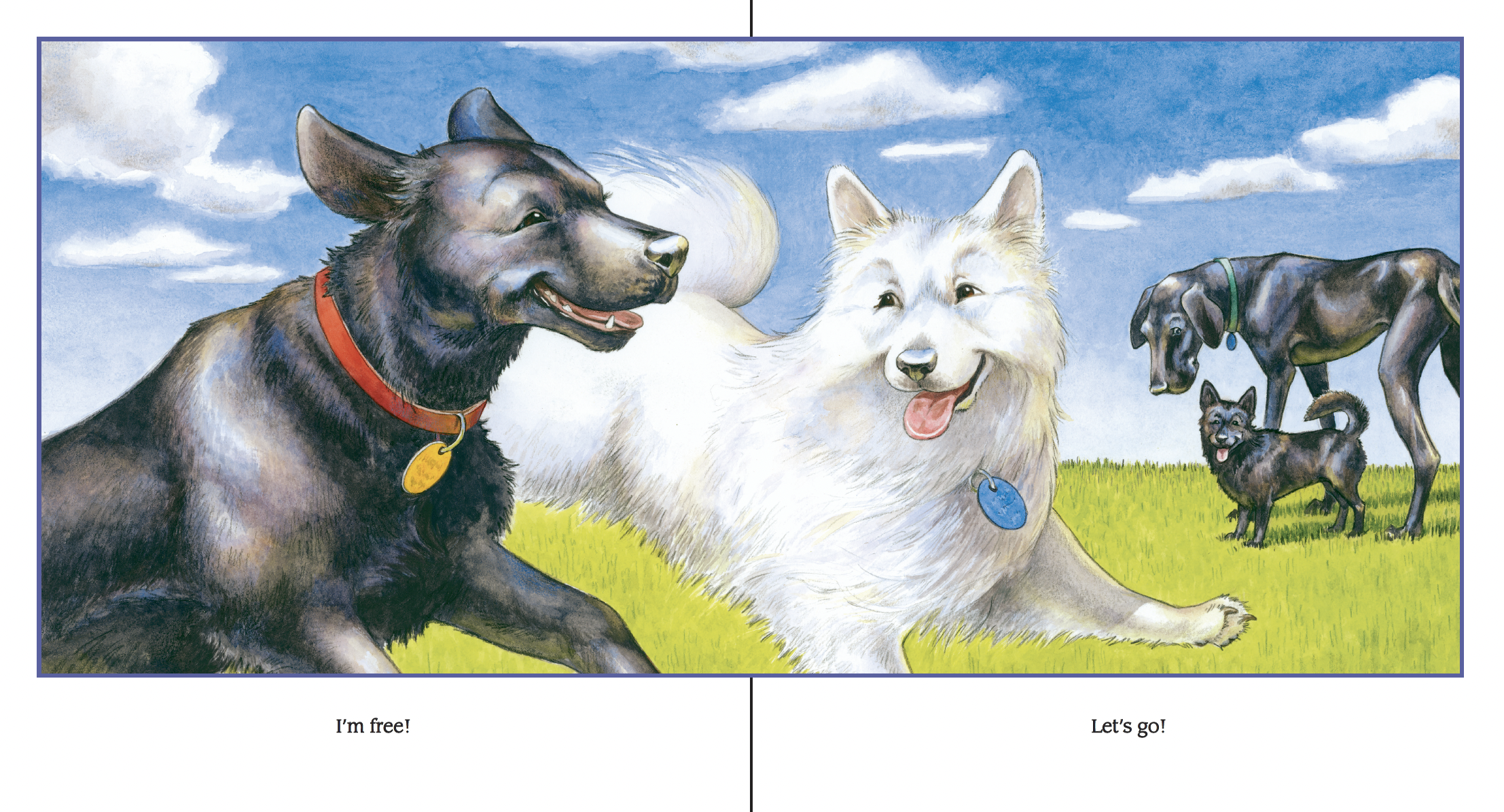 Illustration of three dogs on a green grassy field with blue sky and clouds; a black dog with a red collar sits, a white fluffy dog with a blue collar stands, a large gray and black dog with a green collar and smaller black dog with a blue collar sta