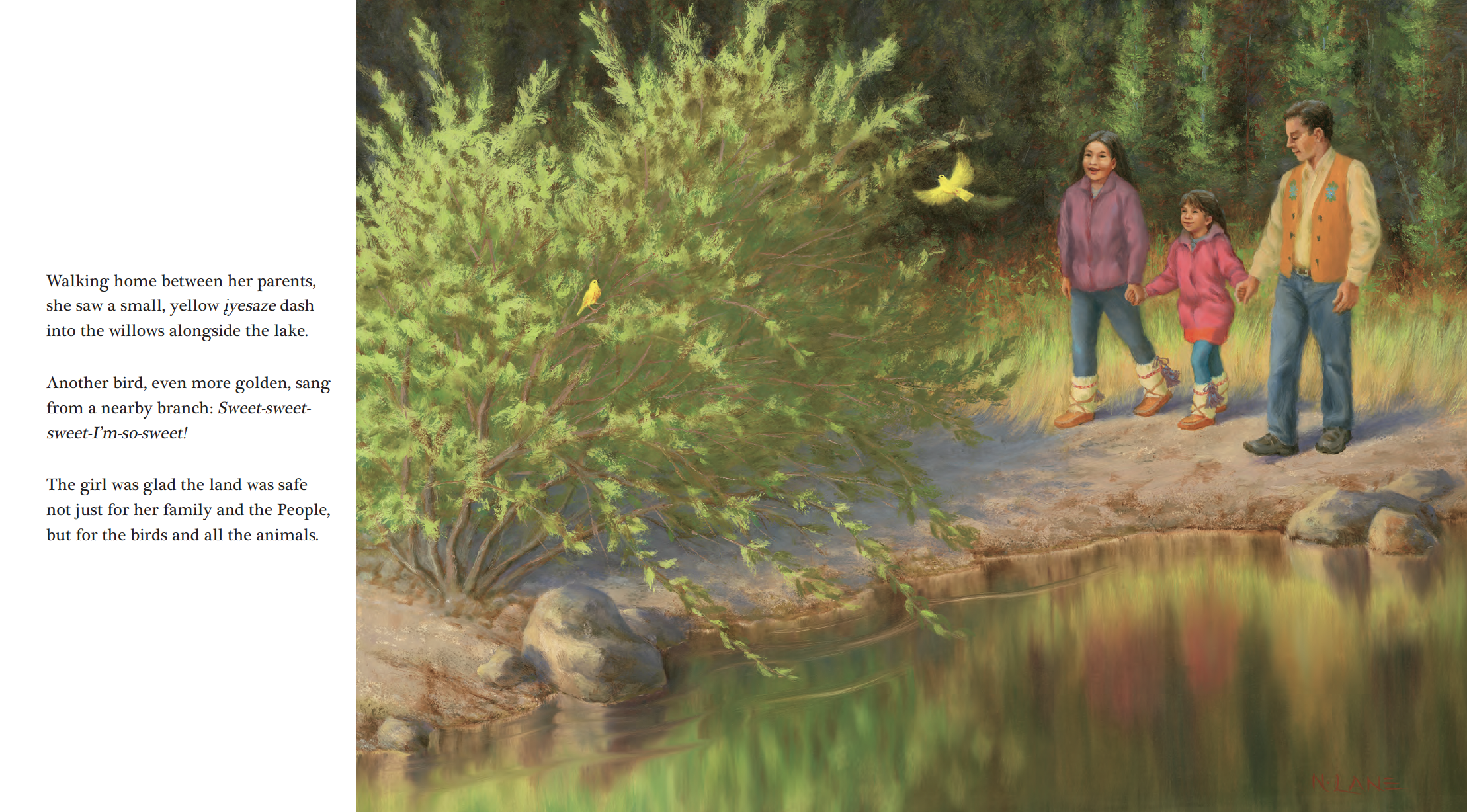 A girl walking with her parents along a lakeside trail, holding hands with her mother and father. A large green tree with small yellow birds is near the water's edge, and the lake reflects the surrounding scenery.