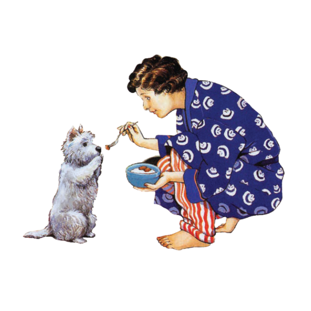 A woman in pajamas feeding a small dog with a spoon from a blue bowl.