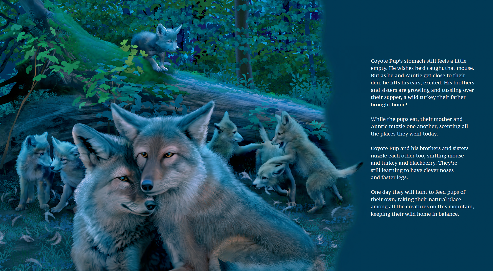 A group of coyotes and coyote pups in a forest, with one pup on a log and others playing on the ground, surrounded by dense green foliage.