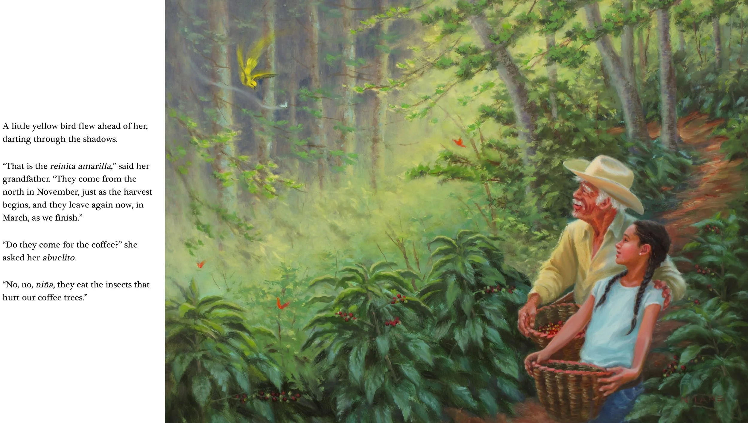 A painting of an elderly man and a young girl sitting on a forest trail surrounded by lush green foliage and coffee plants. The man has gray hair and wears a wide-brimmed hat and a yellow shirt, smiling as he talks to the girl. She has long dark hair