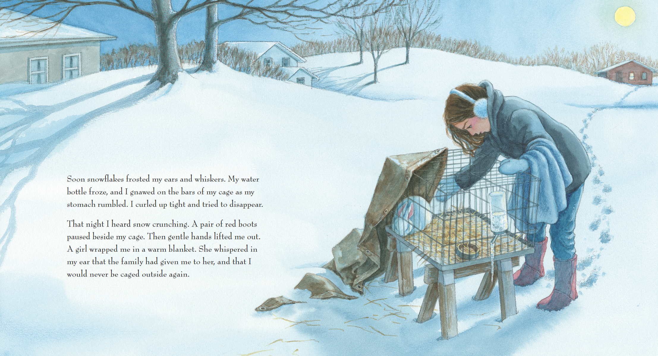 A girl in winter clothing with earmuffs, gloves, and boots tending to a small cage with birds in a snowy outdoor setting during sunset or sunrise. There are houses and leafless trees in the background with a moon or sun in the sky.