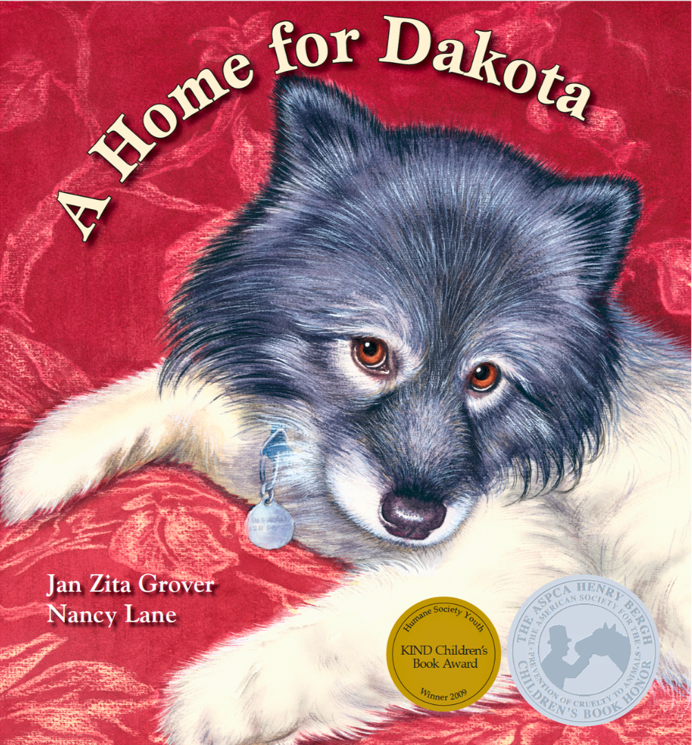 Book cover titled 'A Home for Dakota' featuring an illustrated husky puppy lying on a red blanket.