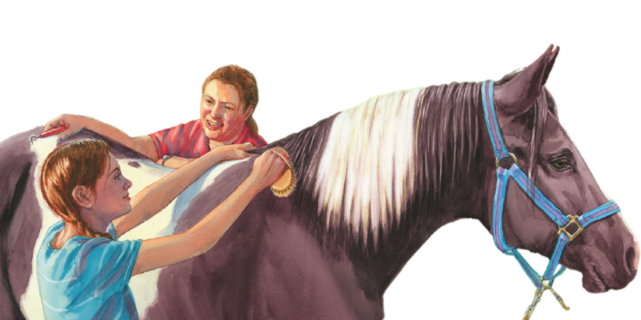 Two girls grooming a horse with a brush, one standing and another sitting on the horse's back, in a painting style.