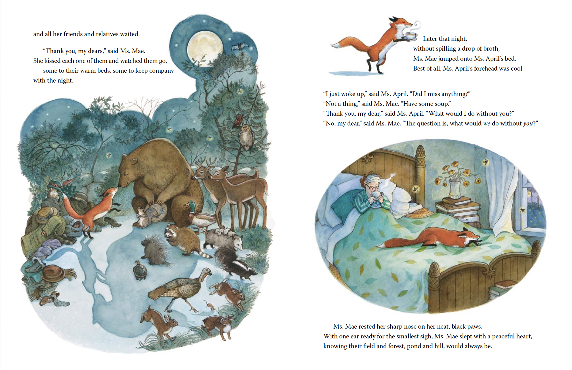Illustration of animals gathering at night in a forest, including a fox and a bear, with Ms. Mae and Ms. April sleeping in a bedroom with a fox on the bed, and a full moon visible through the window.