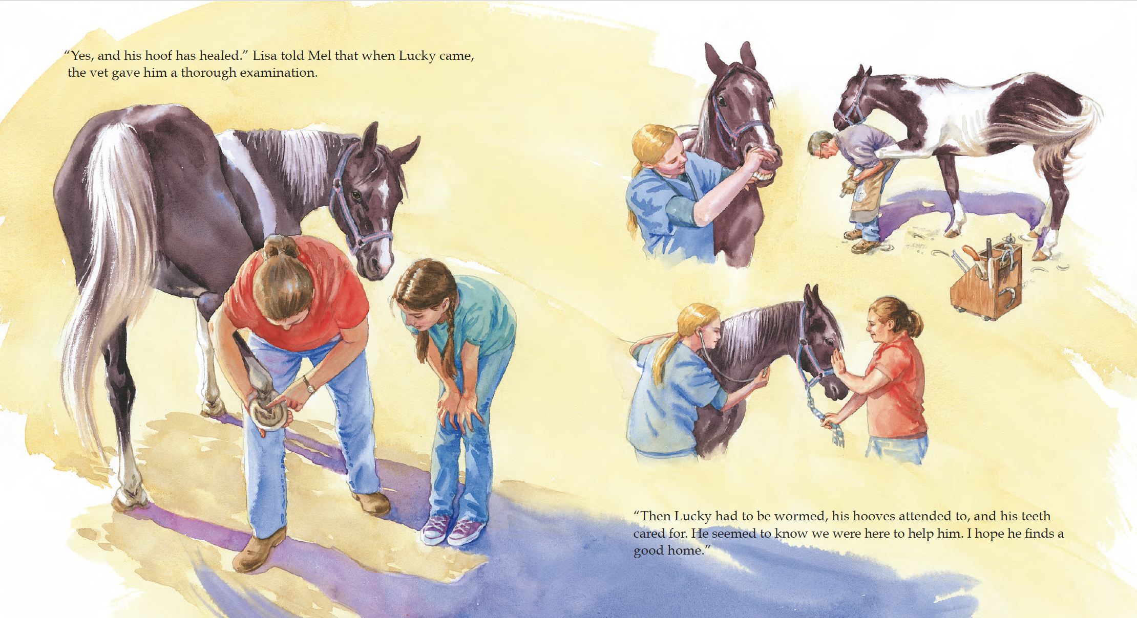 Illustration of two girls and two boys caring for a horse, with some individuals giving the horse a checkup and others fitting a horseshoe, showing the process of caring for a horse's health.