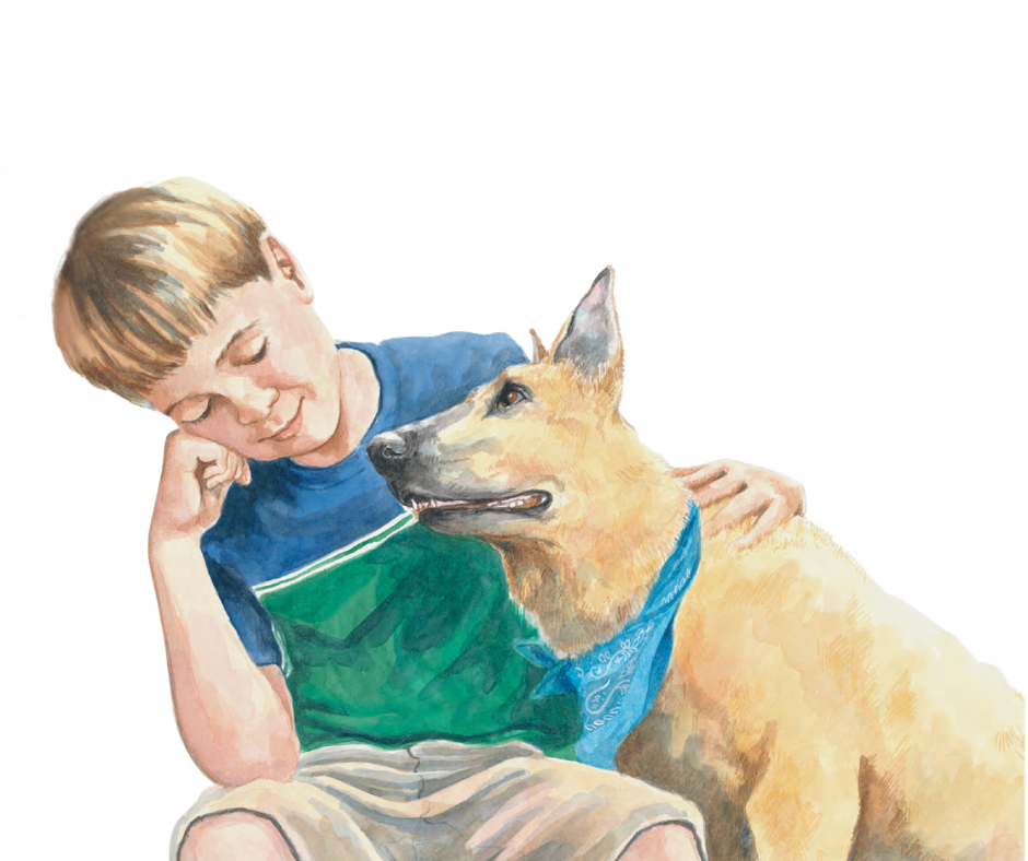 A young boy with short blonde hair and a blue shirt sitting on the ground, smiling with eyes closed, resting his head on his hand, next to a large tan German Shepherd dog wearing a blue bandana, both appearing happy and close.