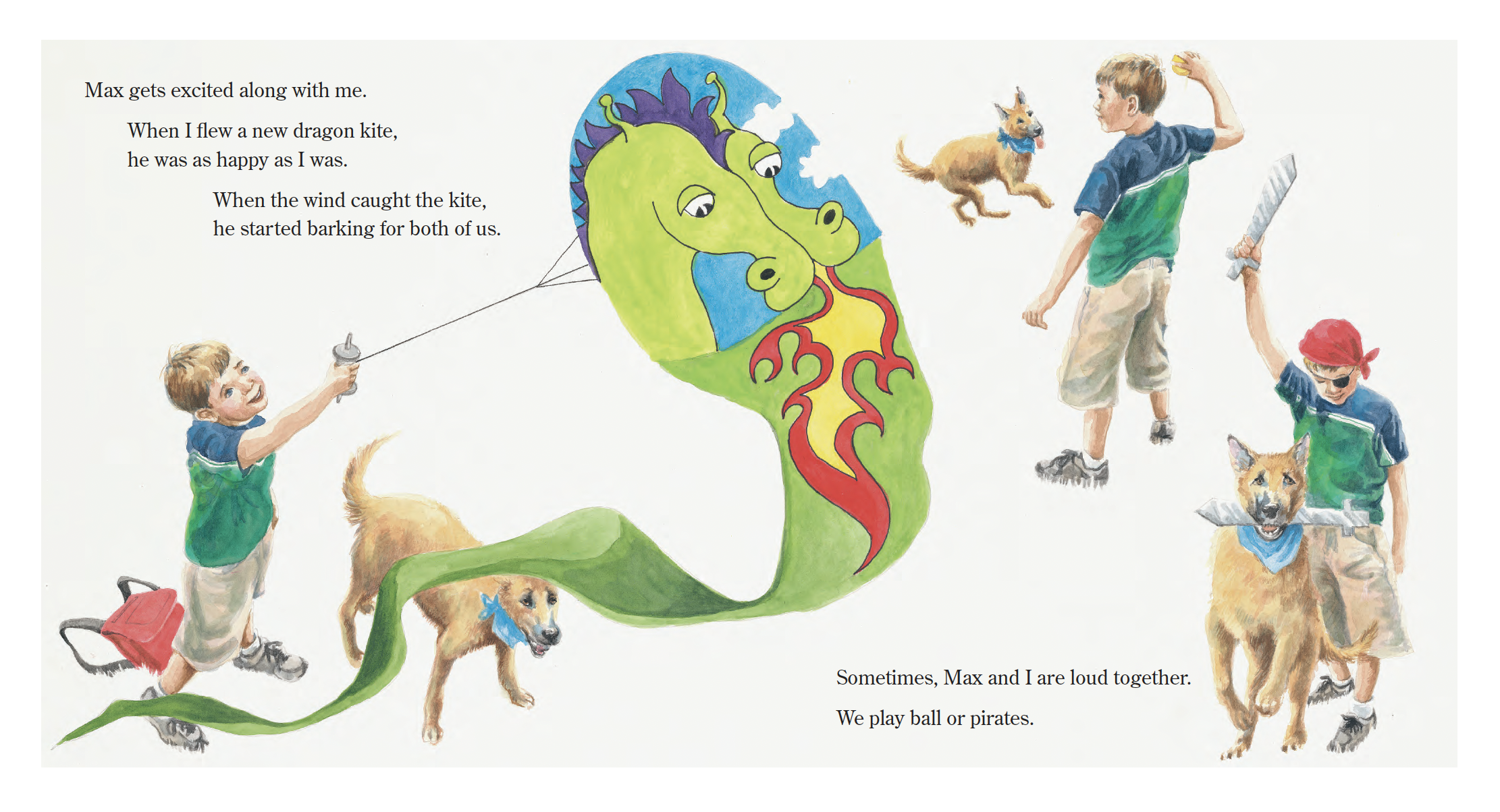 Illustration of two boys playing with their dogs, with a large, colorful dragon kite in the background. The boy on the left has red hair, wears glasses, and a bandana, and is holding the kite string while a dog with a blue bandana runs nearby. The bo