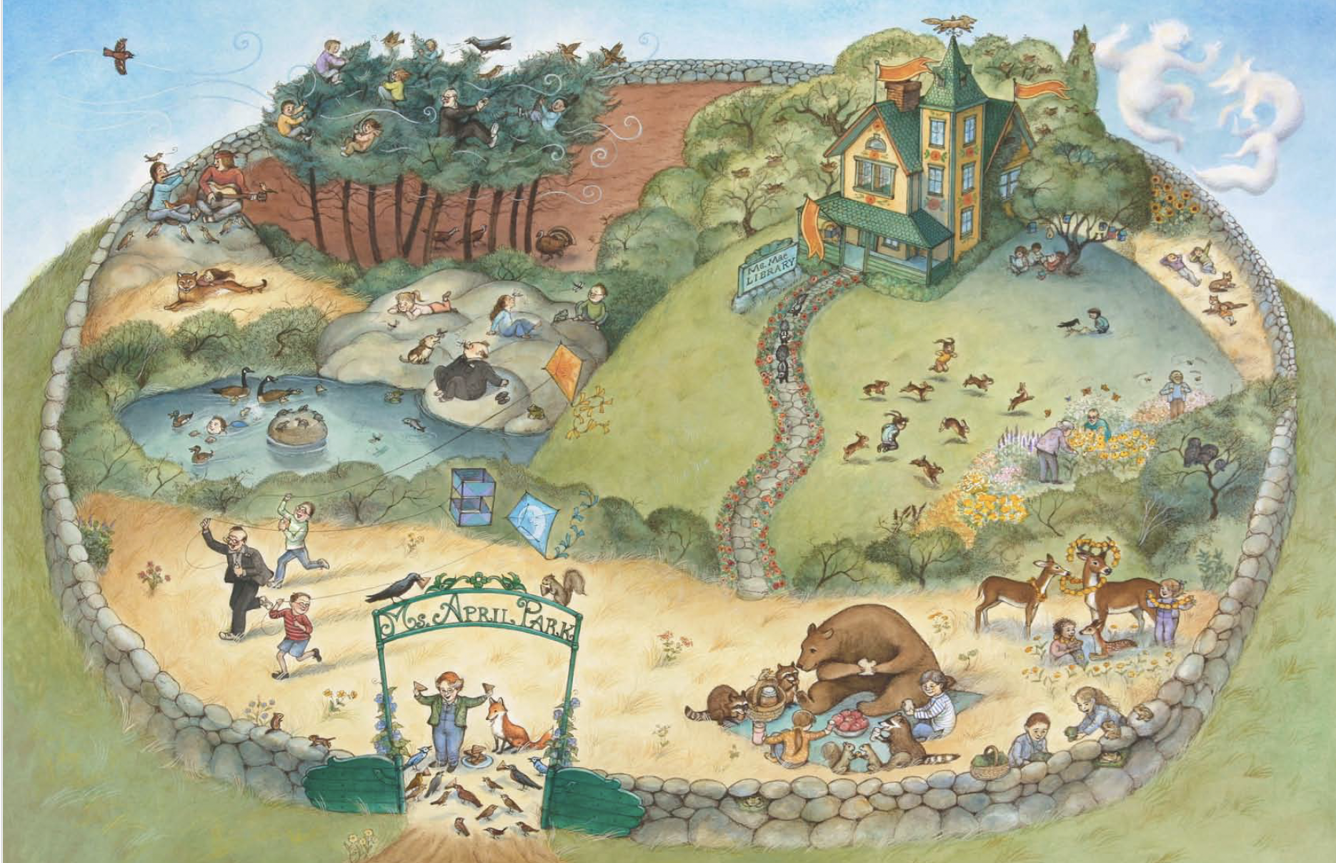 Colorful, whimsical illustration of Mr. April Park, a large park with diverse areas: children and adults enjoying swimming, playing, flying kites, picking flowers, observing animals, and reading near a library. The park includes a pond, a bear, a hor
