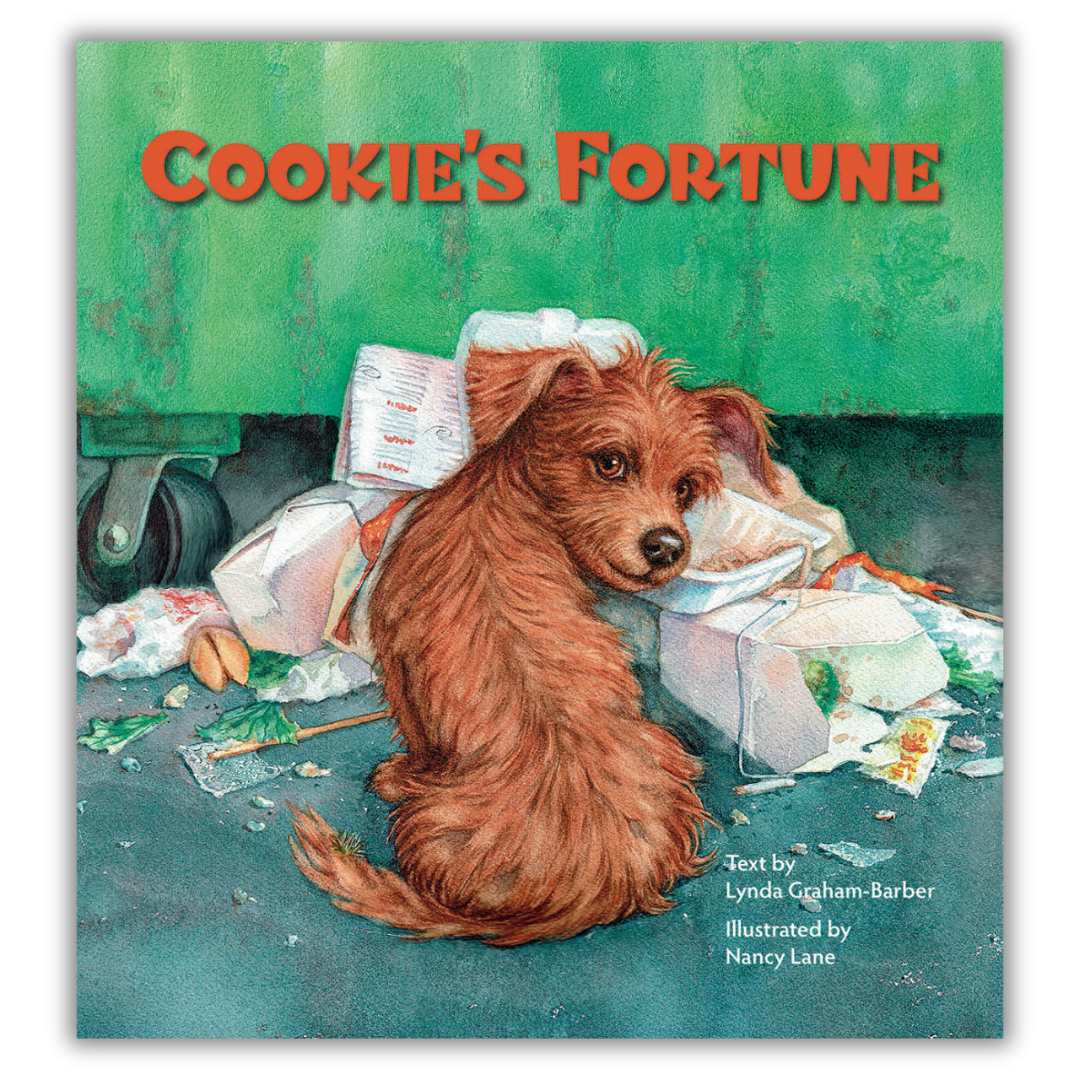 Illustration of a small brown puppy sitting among trash and scattered debris against a green wall, with the title text 'Cookie's Fortune' at the top and authors' credits at the bottom.