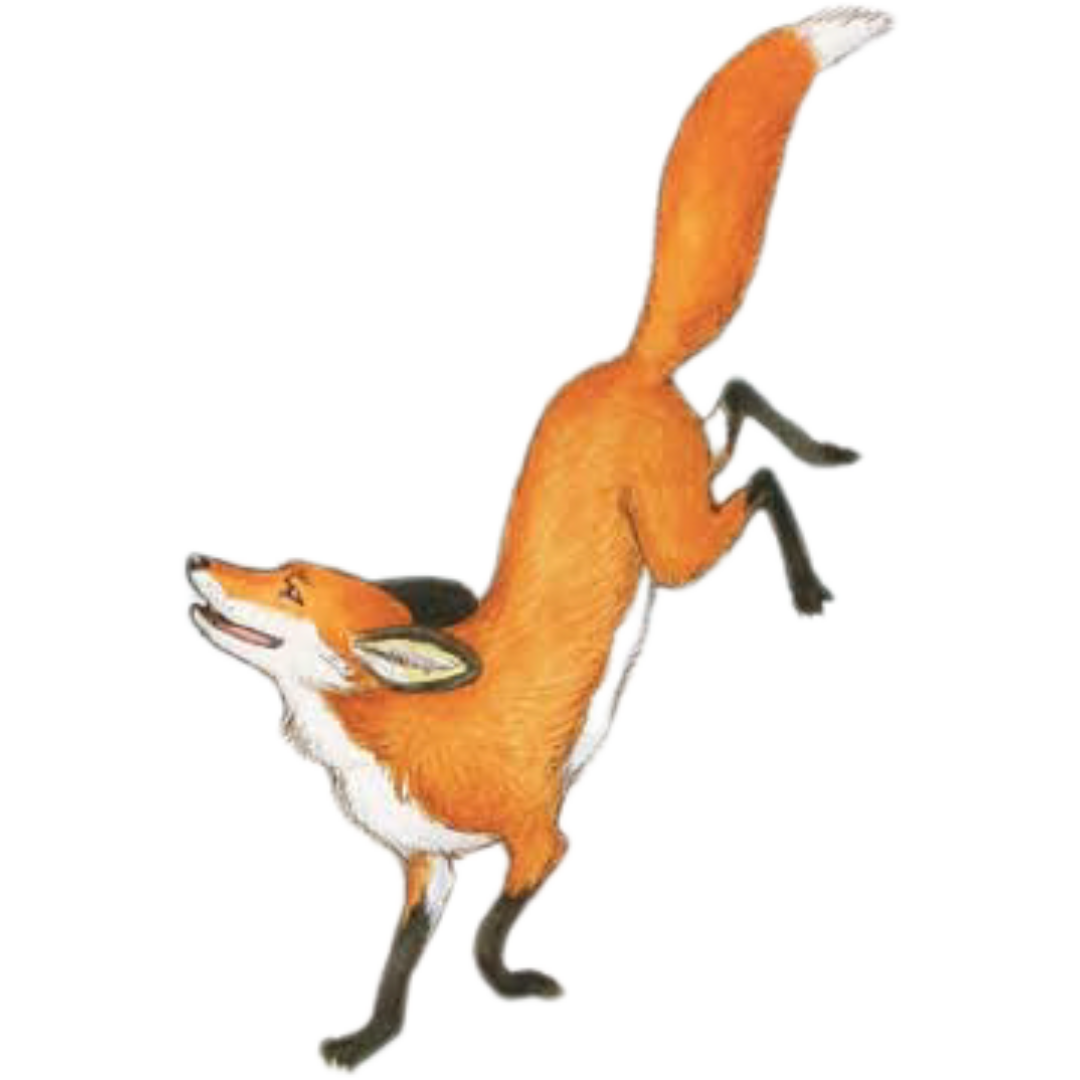 A cartoon fox standing on its hind legs with its head tilted back and mouth open, appearing to smile.
