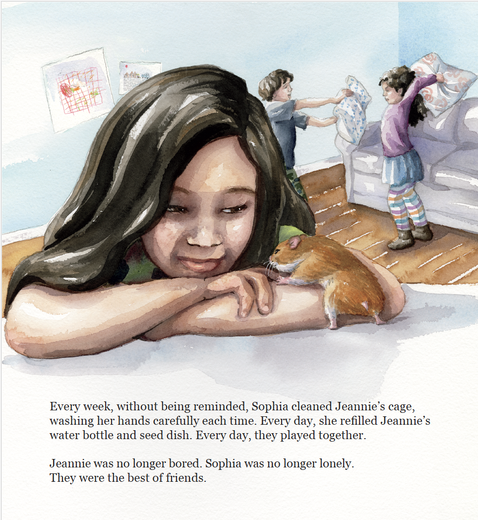 A young girl resting her chin on her arms as she looks at a small brown hamster. In the background, two other children are preparing a cage for a pet in a living room with light blue walls, some drawings on the wall, and a couch with a purple and pin