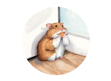 Illustration of a hamster sitting against a wall in a corner of a room.