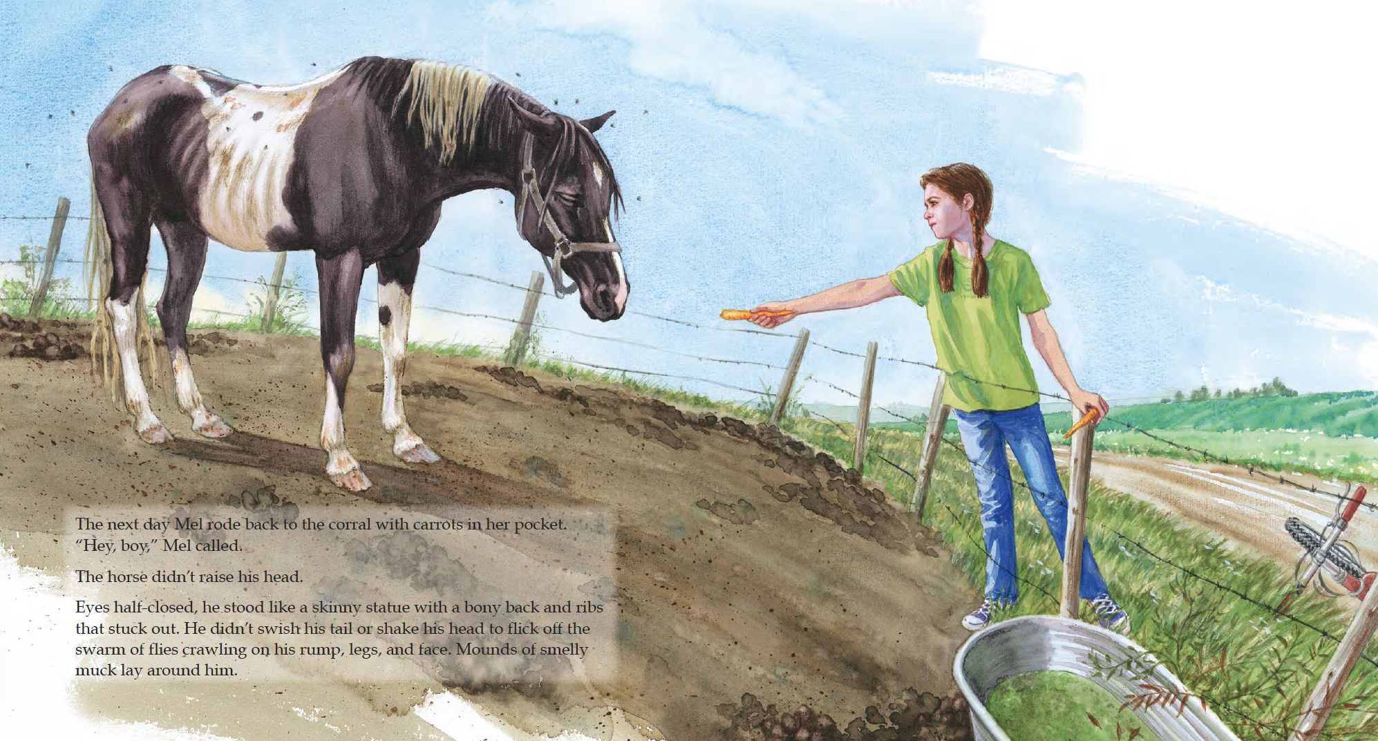 Girl in green shirt handing carrot to a horse in a corral, with a bucket of green water and a bicycle nearby.