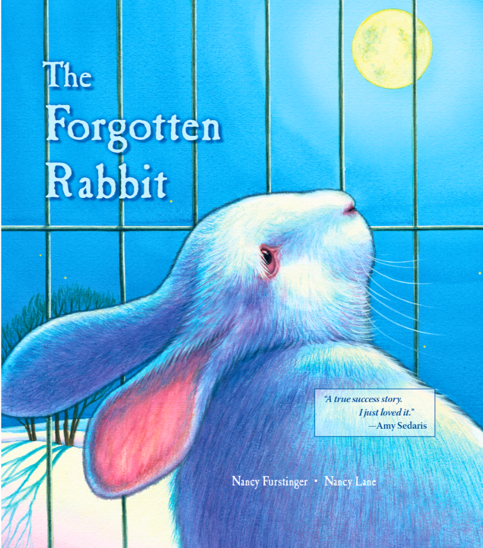 A book cover titled 'The Forgotten Rabbit' featuring an illustrated white rabbit inside a cage with a full moon in the background.