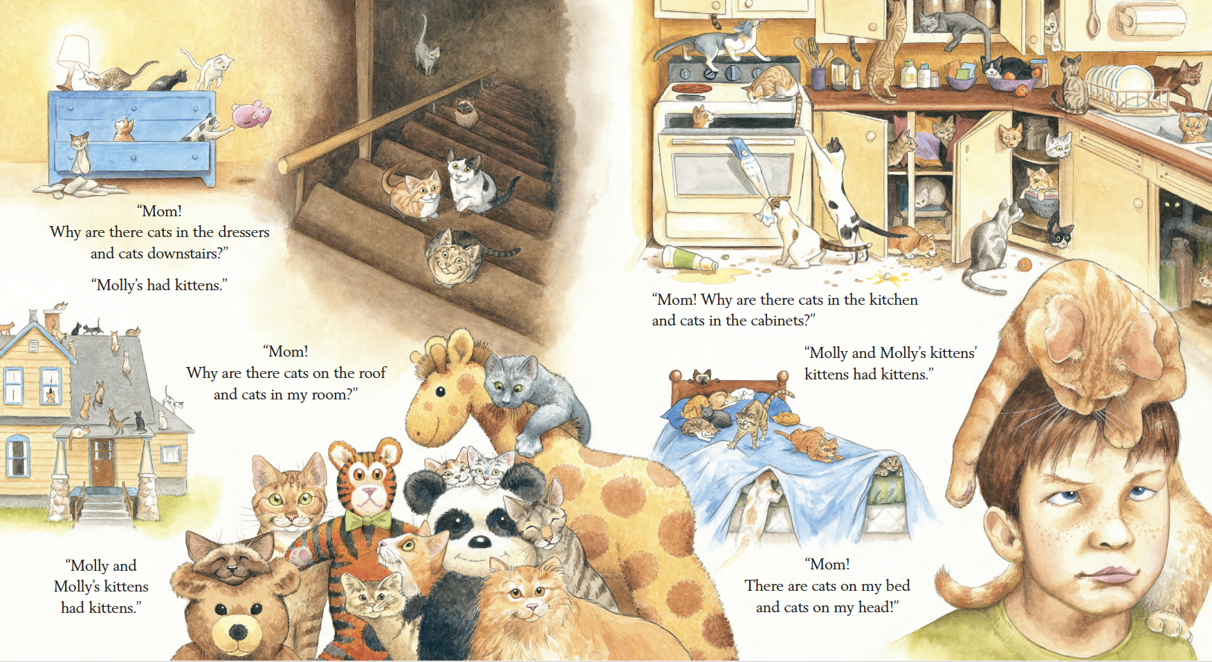 Children and numerous cats in different rooms of a house, including bedrooms, kitchen, and sitting areas, with some cats on furniture, stairs, roof, and on the child's head.
