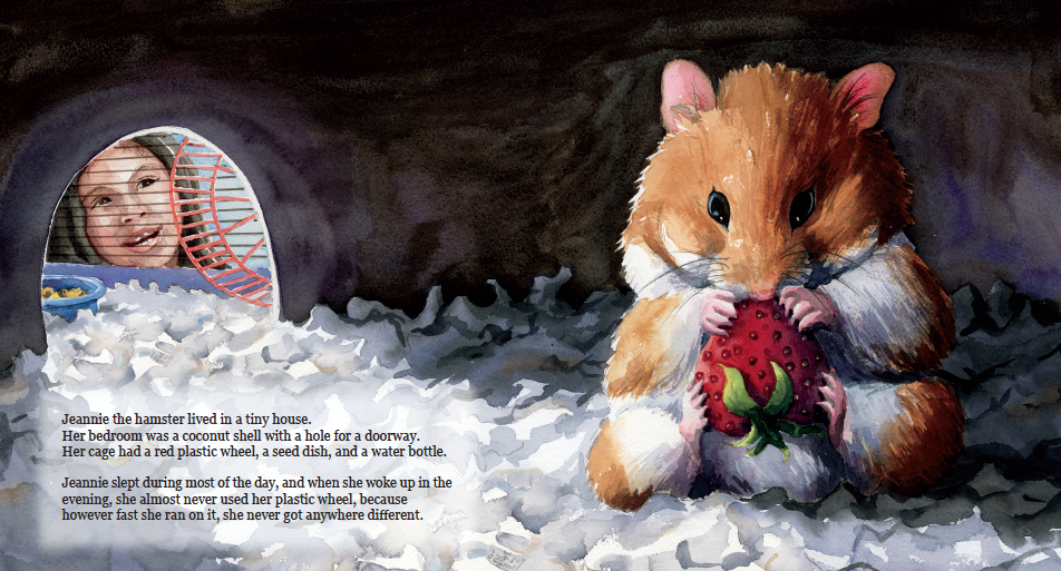 Illustration of a hamster holding a large strawberry, and a girl looking out from a small house with a coconut shell doorway and a red plastic wheel inside.