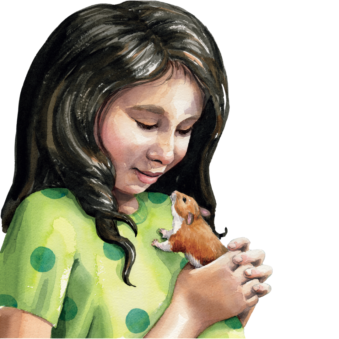 A girl with long dark hair wearing a green polka dot shirt holds a small hamster, smiling down at it tenderly.