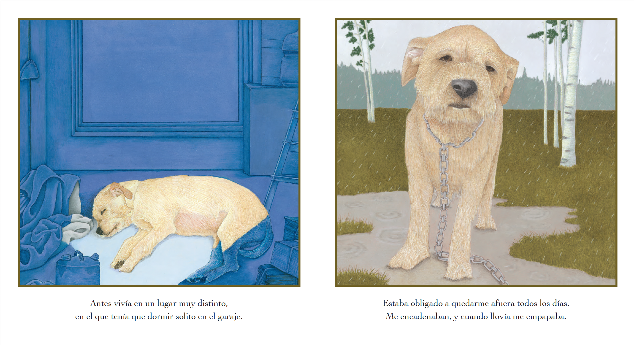 Two illustrations of a dog. The left image shows a yellow dog sleeping on a bed in a blue room. The right image depicts the same dog outside in a forested area, on a leash, with trees and a rainy sky in the background.