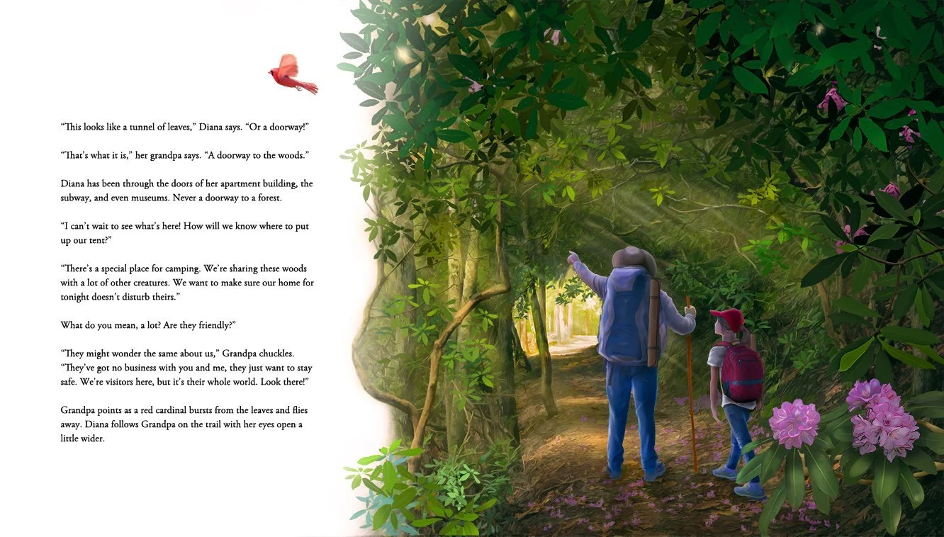 An illustration of a man and a girl, both with backpacks, walking through a lush green forest with trees and pink flowers, during daytime.