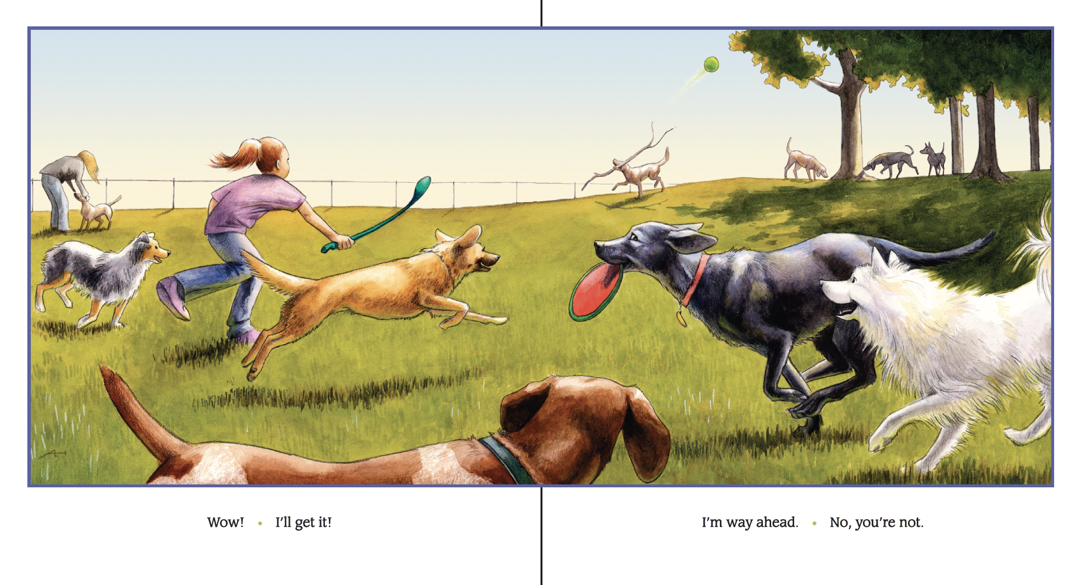 A girl playing fetch with her dog in a park, with other dogs running and playing around. The girl throws a ball, and some dogs chase after it, among trees and grassy area.