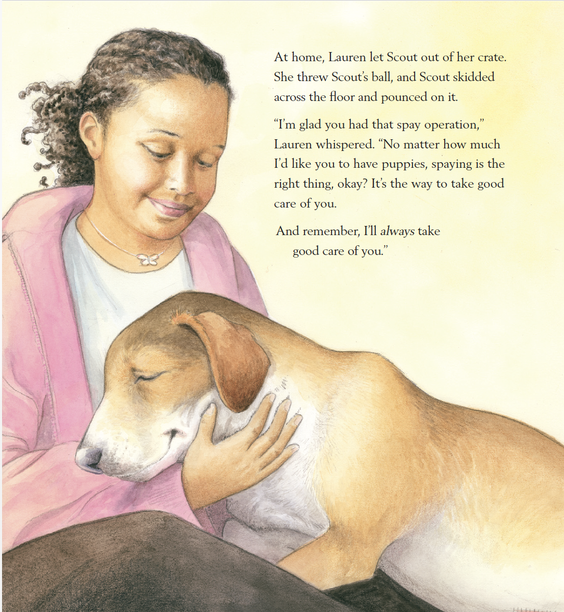 An illustration of a young girl with curly hair wearing a pink hoodie and a butterfly necklace, gently holding and cuddling a sleeping beagle dog with a brown and white coat. She has a gentle smile and is looking down at the dog.