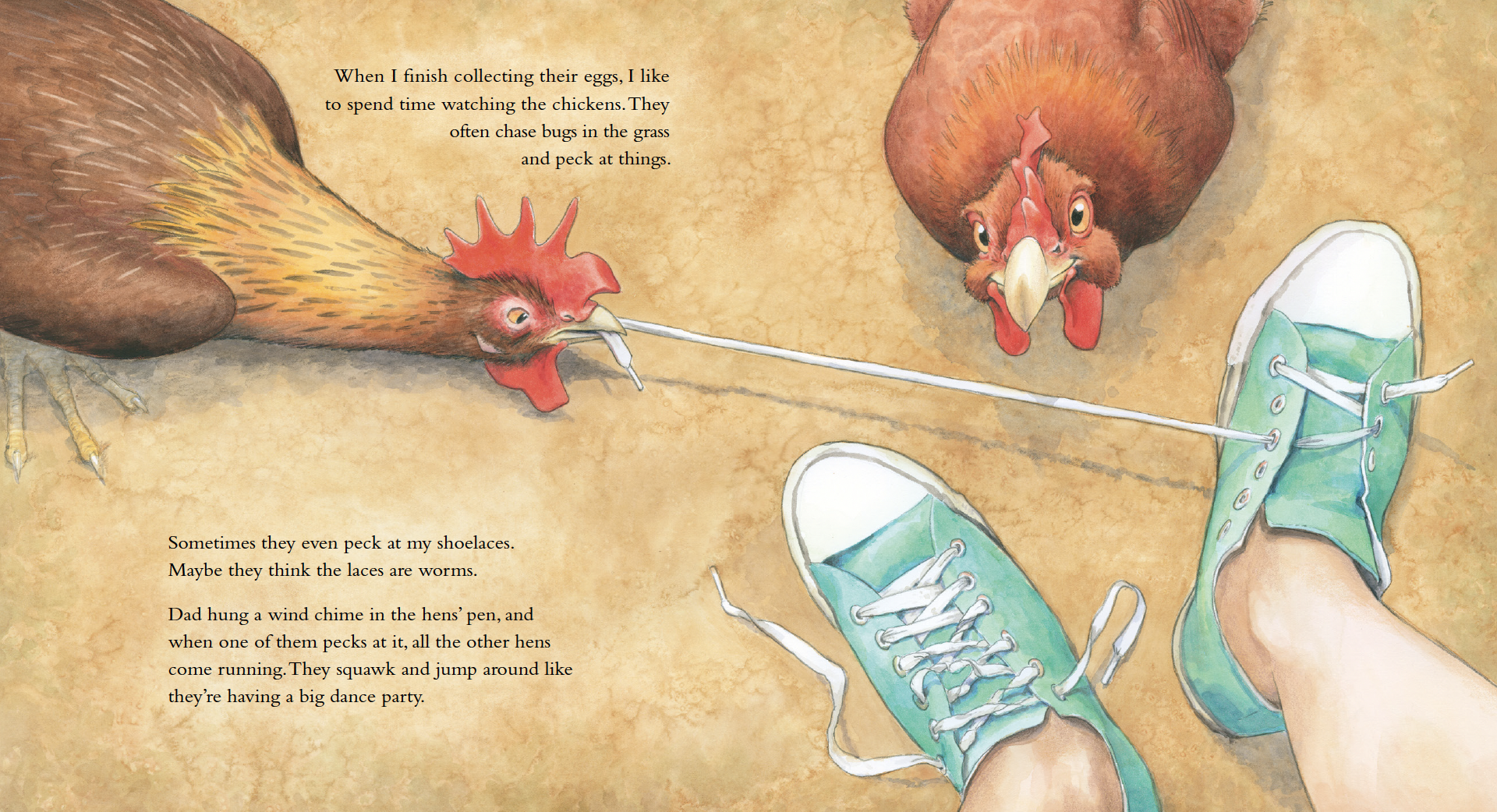 Illustration of a person wearing teal sneakers with white laces, holding a string attached to a chickens' beak, with two chickens looking at the person. The photo is from a children's book, with text about chickens pecking at shoelaces.