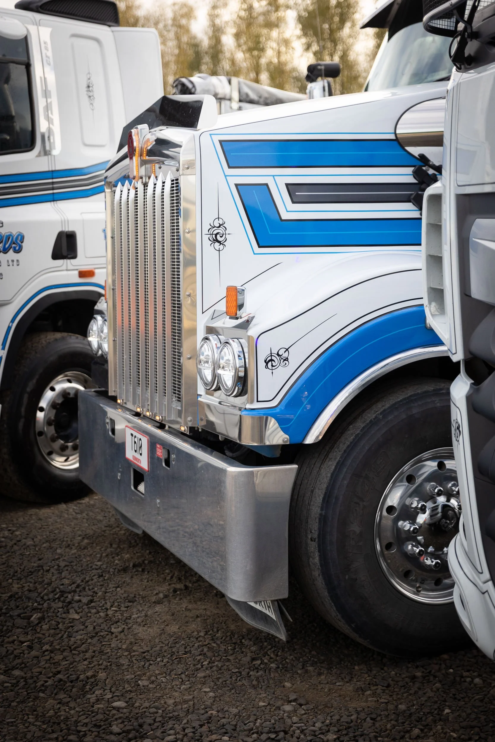 Close-up of a white semi-truck from Edwards Contracting, used for gravel cartage and dirt and earthmoving in Hastings, Napier, Waipukurau and Central Hawkes Bay