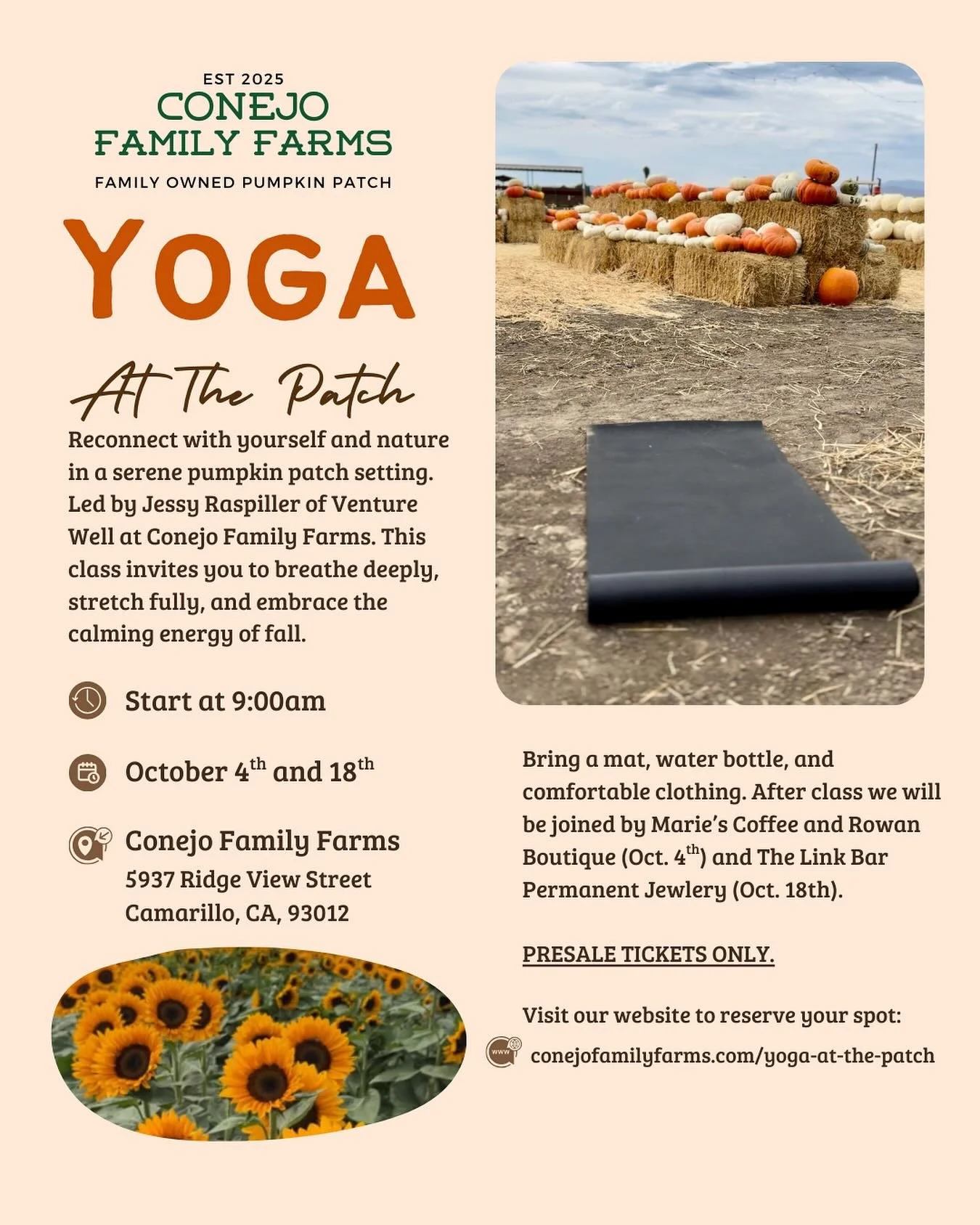 We are thrilled to be hosting Yoga At The Patch on October 4th and 18th! Join us on a beautiful fall morning for yoga, @maries.coffee , @rowanboutique (October 4th) and @linkbarjewelry (October 18th). The class is $25. 

TAG a friend you&rsquo;d love