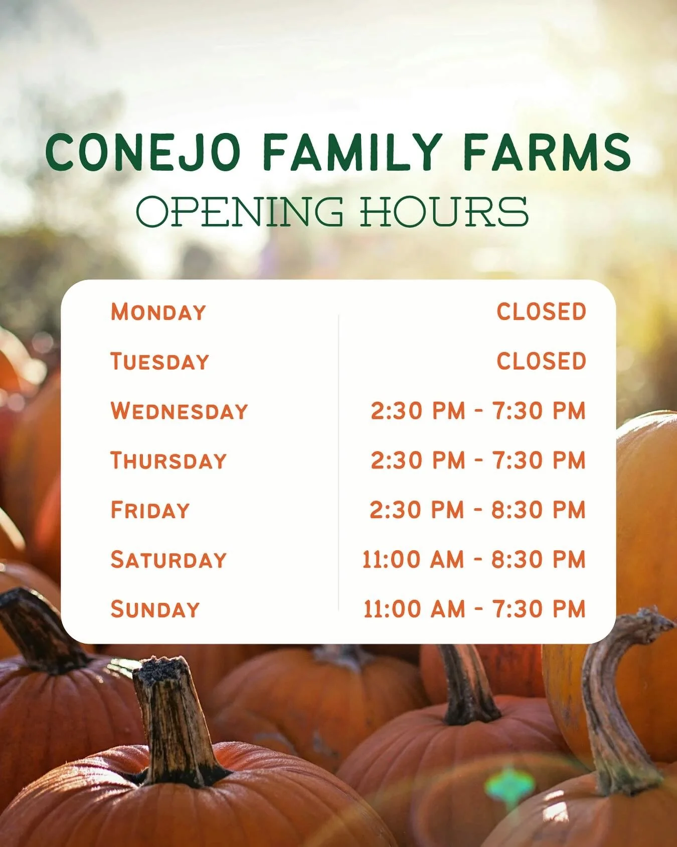 Looking forward to seeing you at the patch!🎃

#conejofamilyfarms #pumpkinpatch #pumpkin