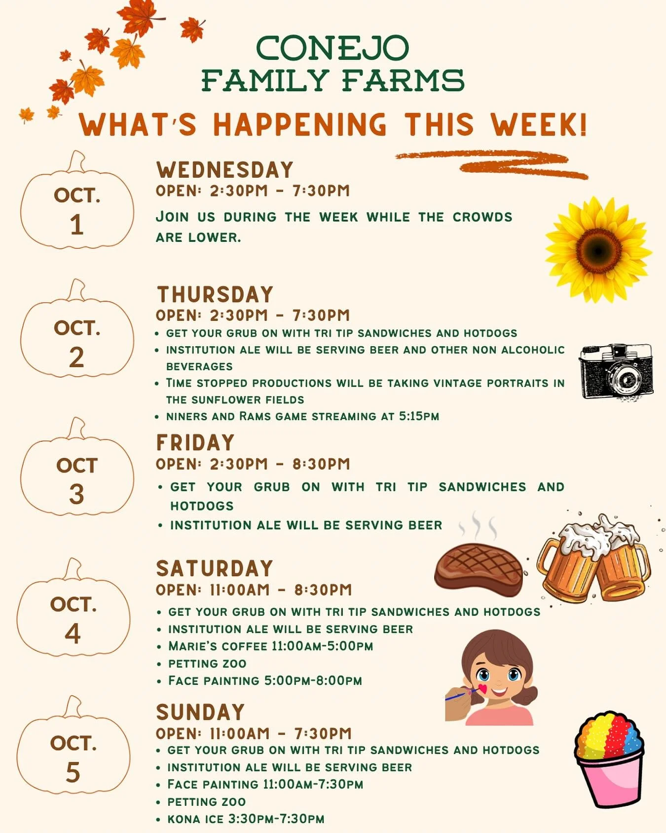 Here&rsquo;s what&rsquo;s happening at the patch this week!🍁✨

. . .

#conejofamilyfarms #pumpkinpatch #pumpkins #camarillo