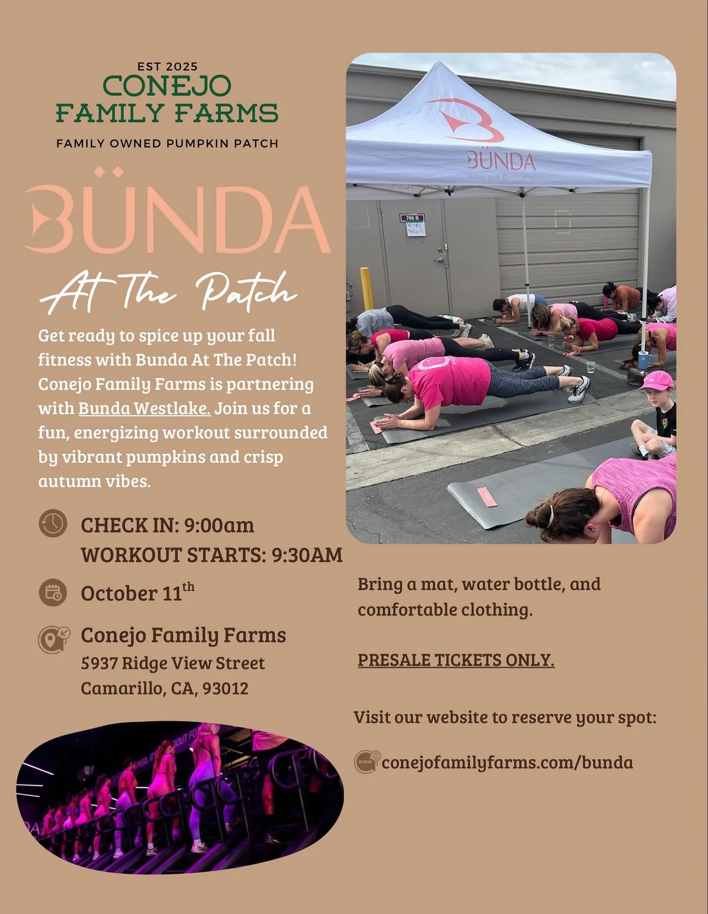 JOIN US FOR BUNDA AT THE PATCH!🎃 (spots are going quickly)
Date: 10/11
Check in: 9:00am
Workout: 9:30am (45 minutes)

Attending the workout will grant you access to the pumpkin patch for the whole day!👏 

This fun, energizing workout, surrounded by
