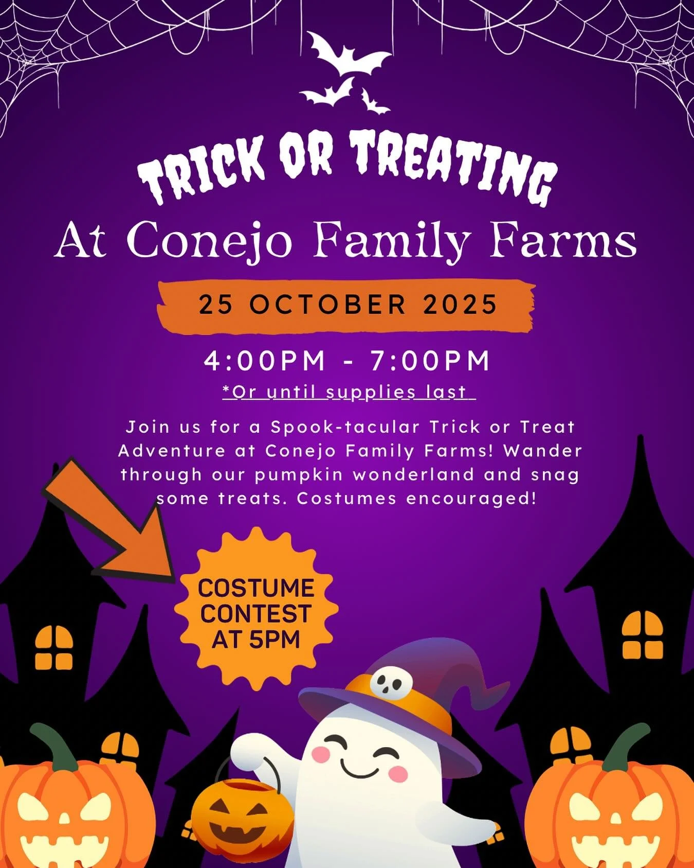 We have something extra special planned this Saturday, October 25th! Join us for Trick or Treating at Conejo Family Farms🎃 Our costume contest will take place at 5:00pm. Meet by the big white wall at 4:30pm if you&rsquo;d like to enter (all ages wel