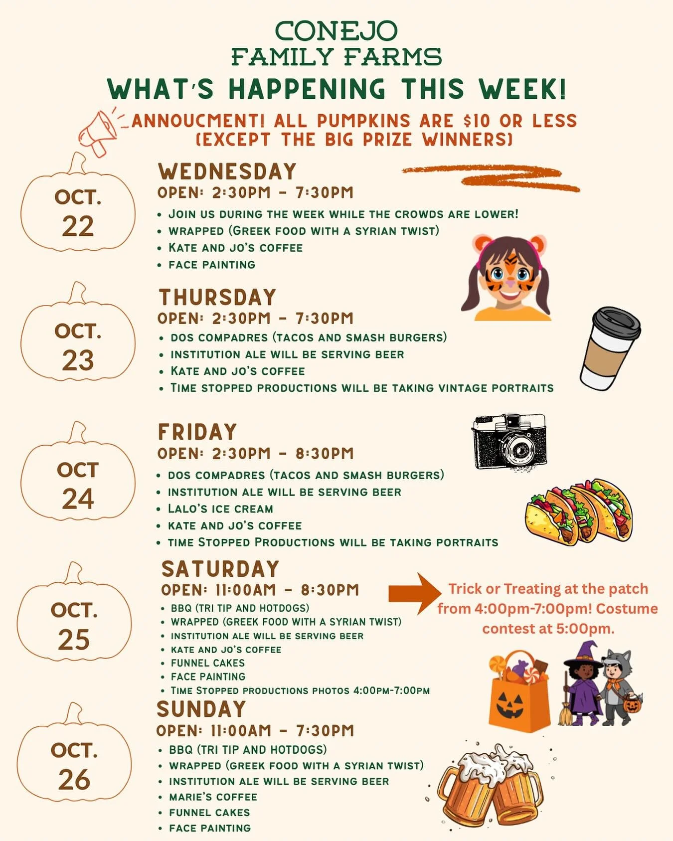 🎃 It&rsquo;s almost Halloween!🎃 Stock up on pumpkins for carving &amp; decorating! All pumpkins are $10 or less (aside from the big prize winners)🙉 

Don&rsquo;t forget to join us for our BIG Trick-or-Treat Event this Saturday from 4:00pm-7:00pm- 