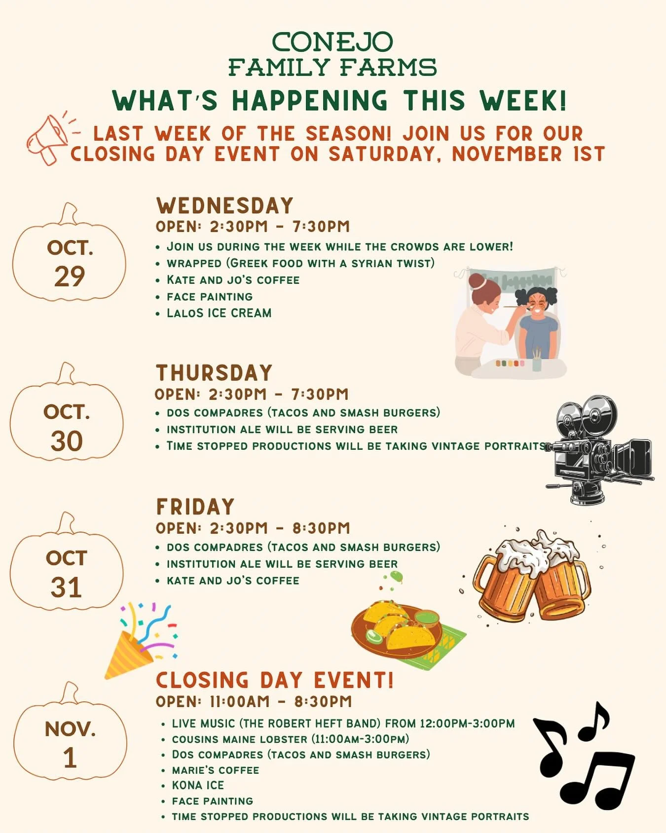 Join us to celebrate our last week of the season!🎃🎉 Our closing event will take place this Saturday, November 1st. What a season it has been!!💛