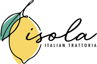 A stylized logo featuring a yellow lemon with green leaves and black outline, accompanied by the text 'Isola' in cursive script and 'Italian Trattoria' beneath it.