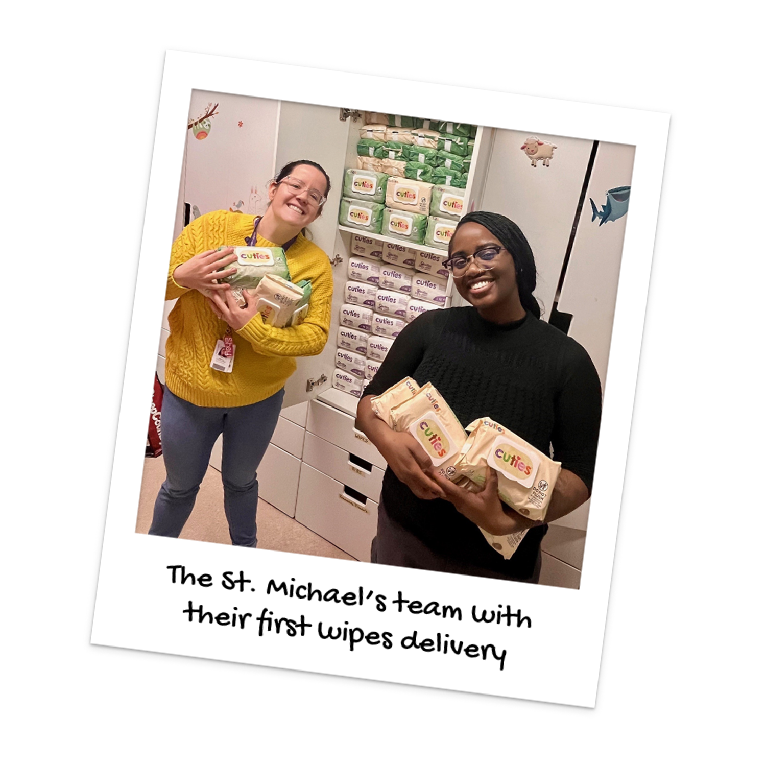 Staff from St Michael's hospital showcase their first wipes delivery