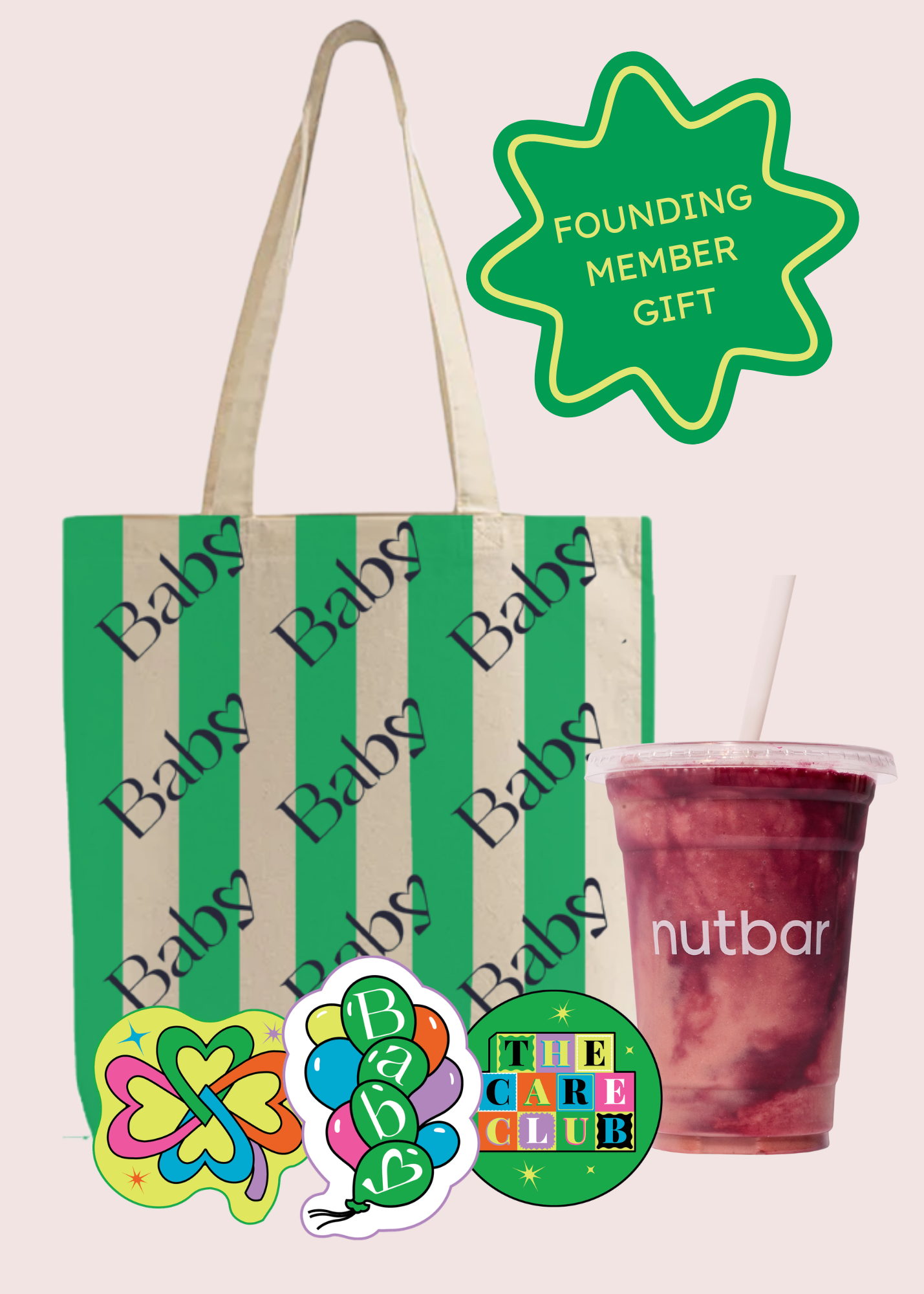 The Founding Member Gift for Baby Love's care club included a Tanya Taylor tote, 3 die-cut stickers, and a coupon for a free smoothie at nutbar