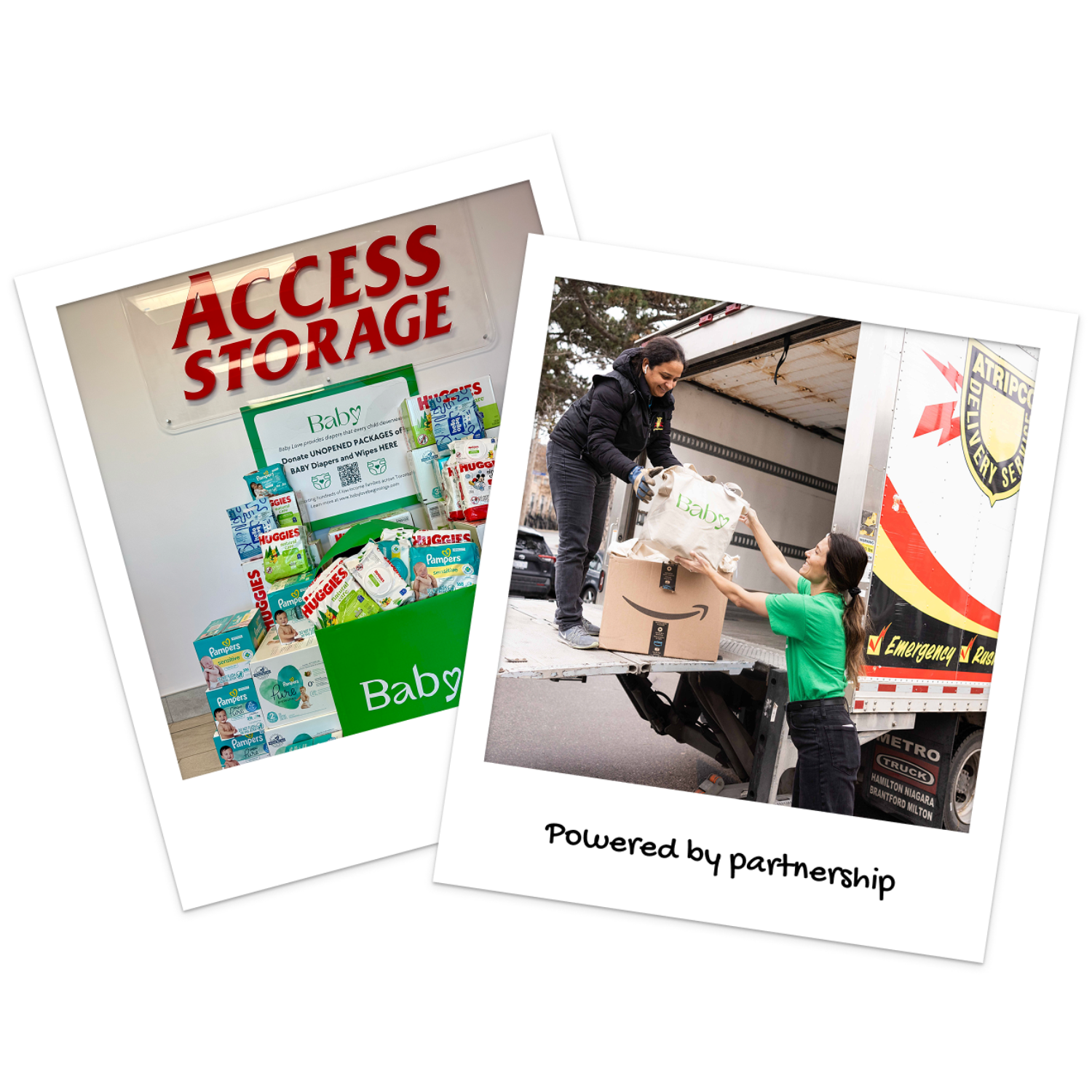 An Access Storage location showcases a Baby Love wipes drive they hosted. An Atripco driver passes a Baby Love gift bag to a volunteer.