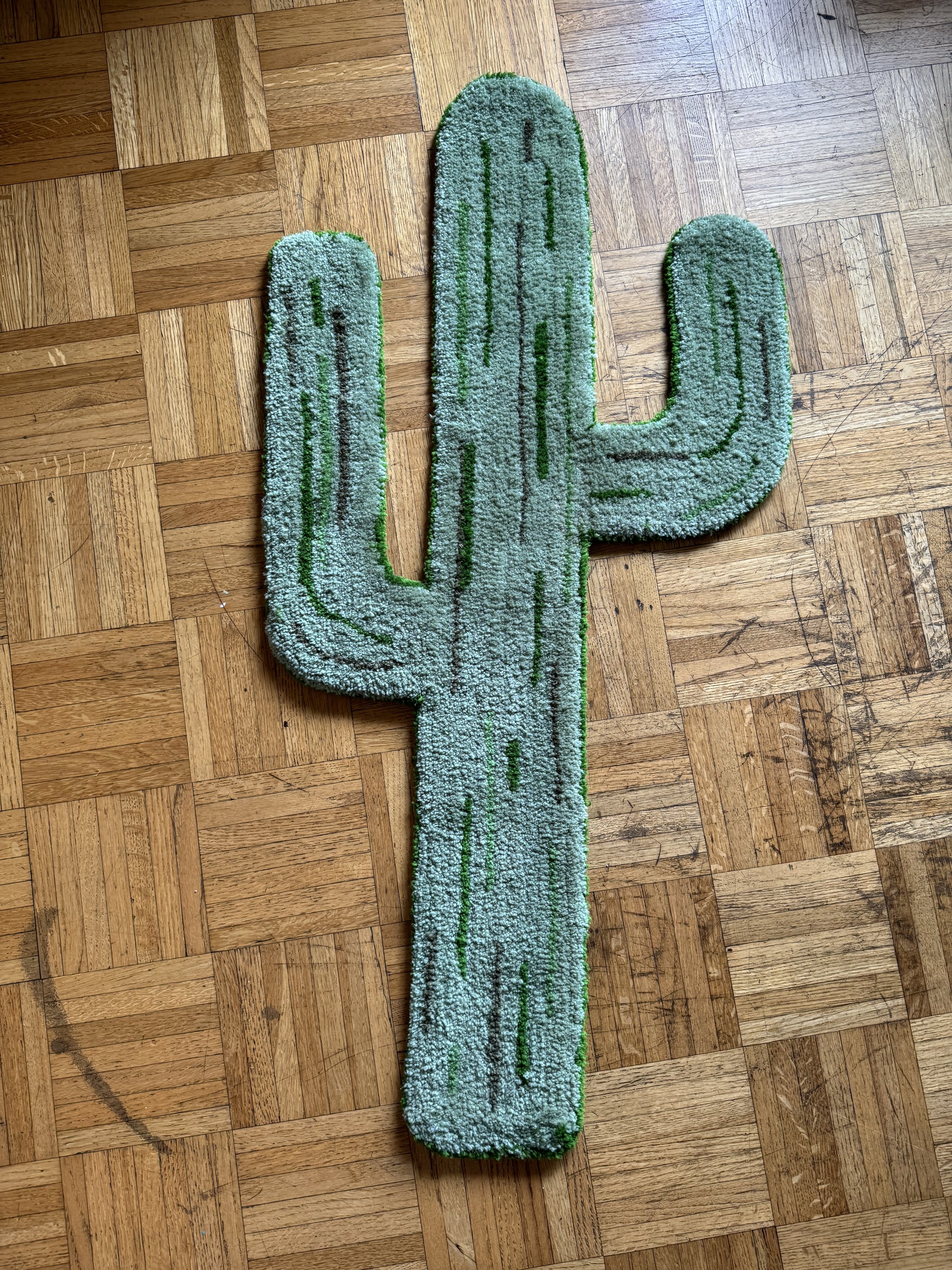 A cactus-shaped green and gray rug with black lines on a wooden parquet floor.