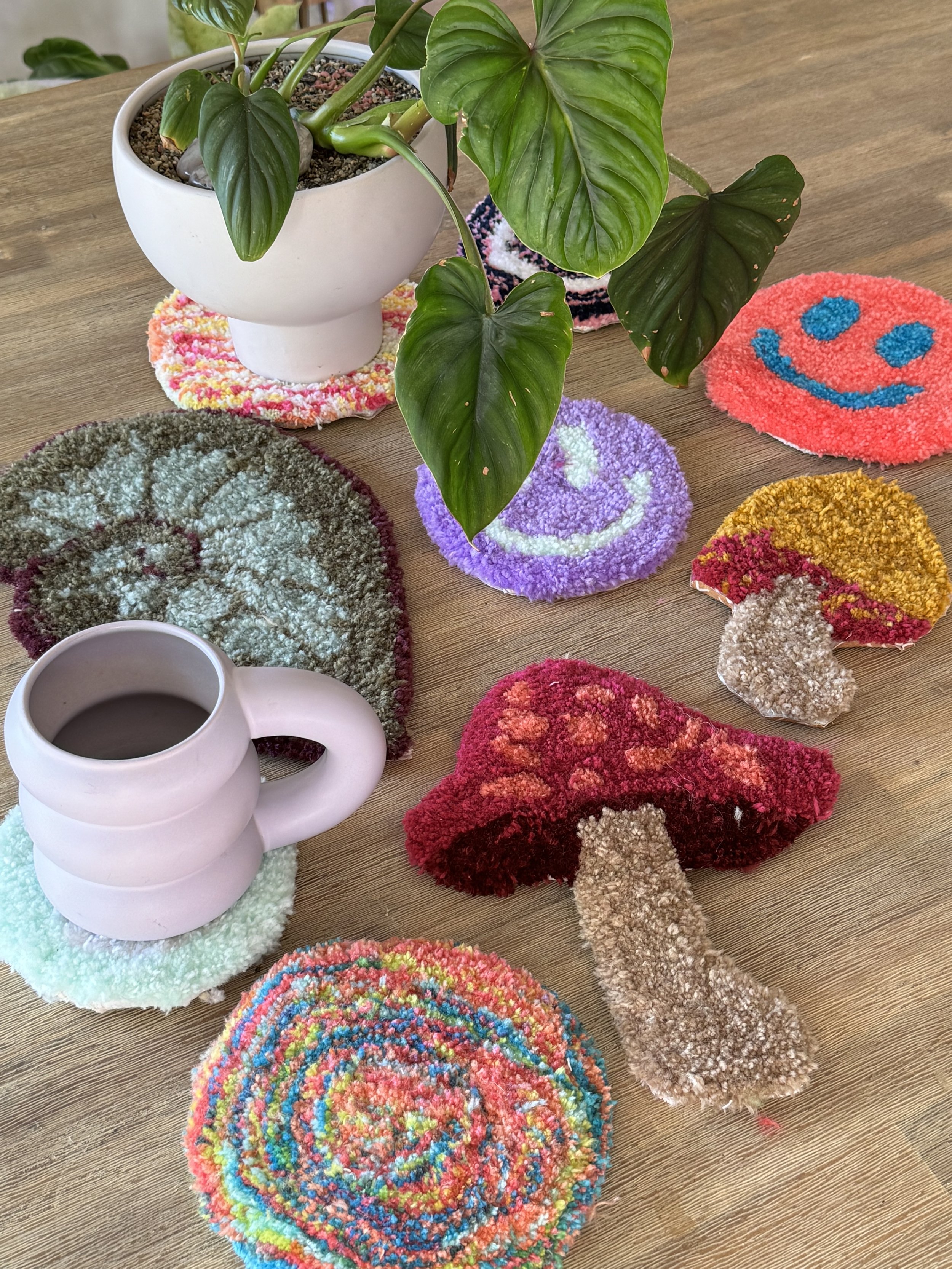 tiny rugs = coasters/plant rugs