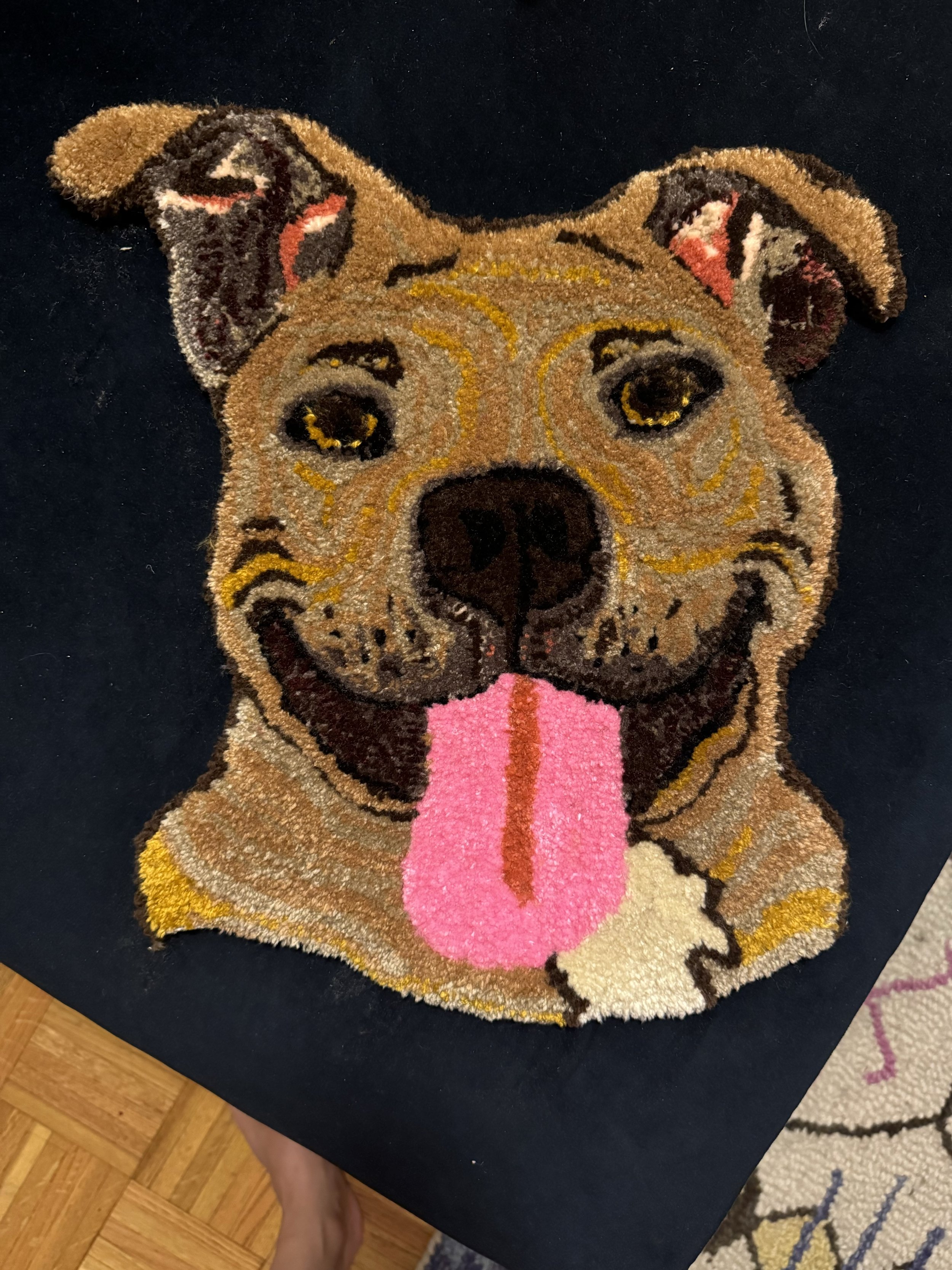 Colorful rug featuring a smiling dog's face with its tongue out, set against a dark background.