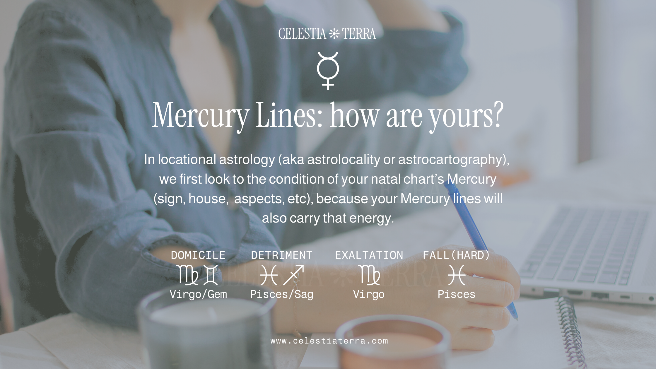 Image of a person at a desk with a computer and notepad with text overlay: Mercury lines: how are yours? Virgo/Gemini Mercury is in domicile, Pisces/Sagittarius Mercury is in detriment, Virgo Mercury is exalted + Pisces Mercury is in fall (hard).