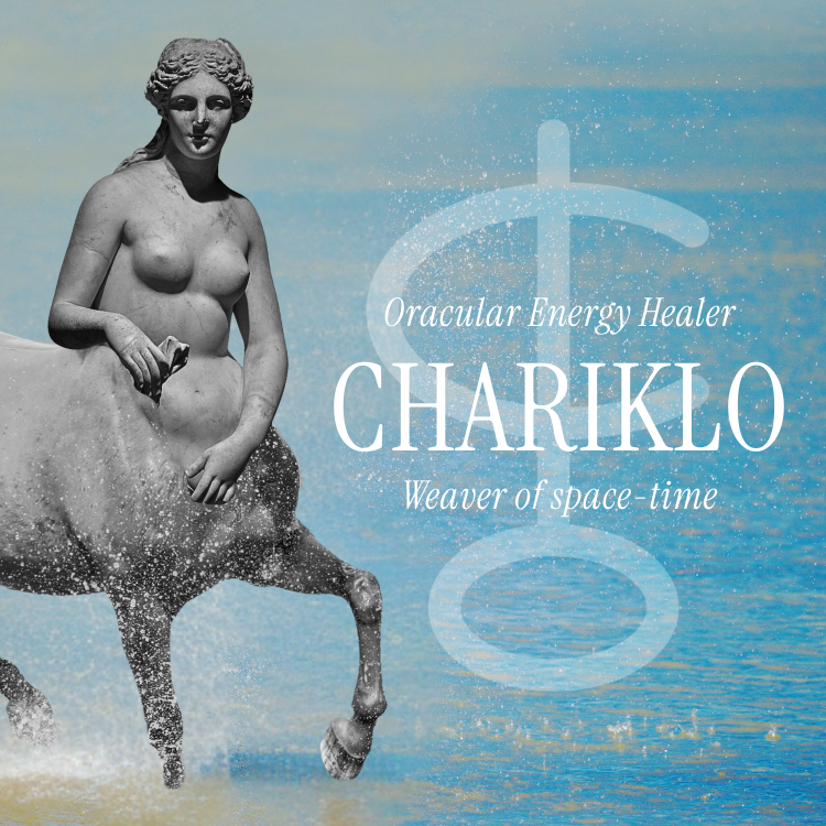 Image of Centaur Chariklo in ocean spray created by Charlie of Celestia Terra. Text overlay with Chariklo's symbol, a crescent moon on the MC (a vertical line) ending in an oval underneath. Text: Oracular Energy Healer Chariklo Weaver of space-time