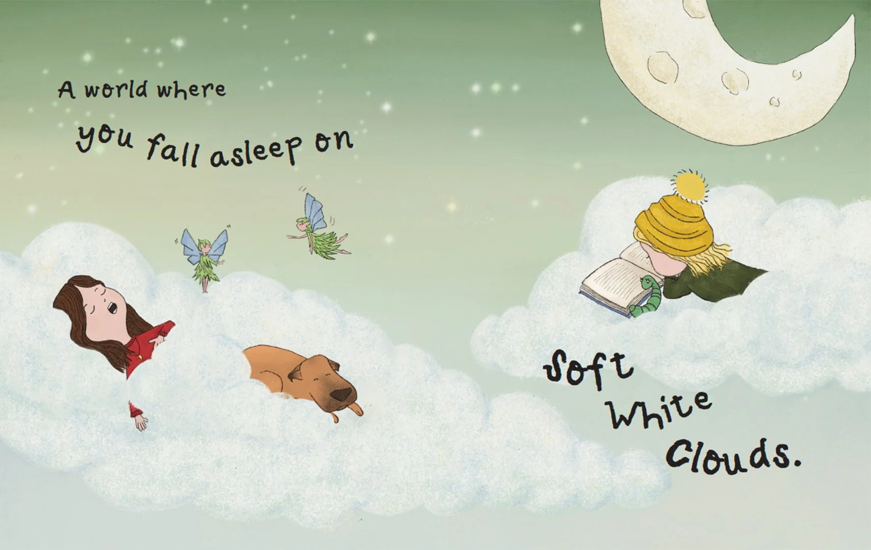 An illustration of children and animals sleeping on clouds in a night sky with a moon and stars. Text reads, "A world where you fall asleep on soft white clouds."