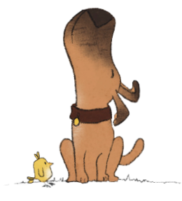 A cartoon illustration of a large brown dog wearing a collar, sitting with its back to the viewer, and a small yellow duckling standing nearby.