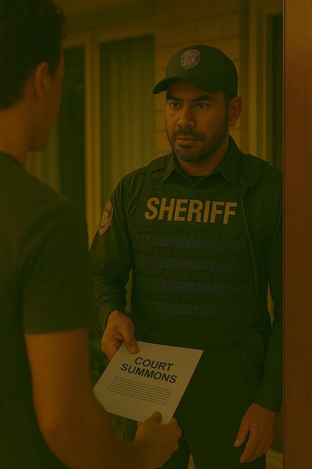 A sheriff in uniform holding a court summons document and standing in front of a person whose back is turned.