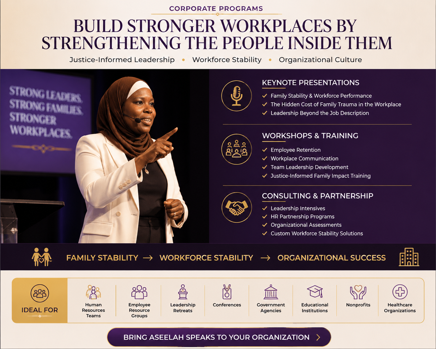 Family Stability to Workforce Stability™ corporate training program helping organizations improve leadership, retention, employee wellbeing, and organizational performance.