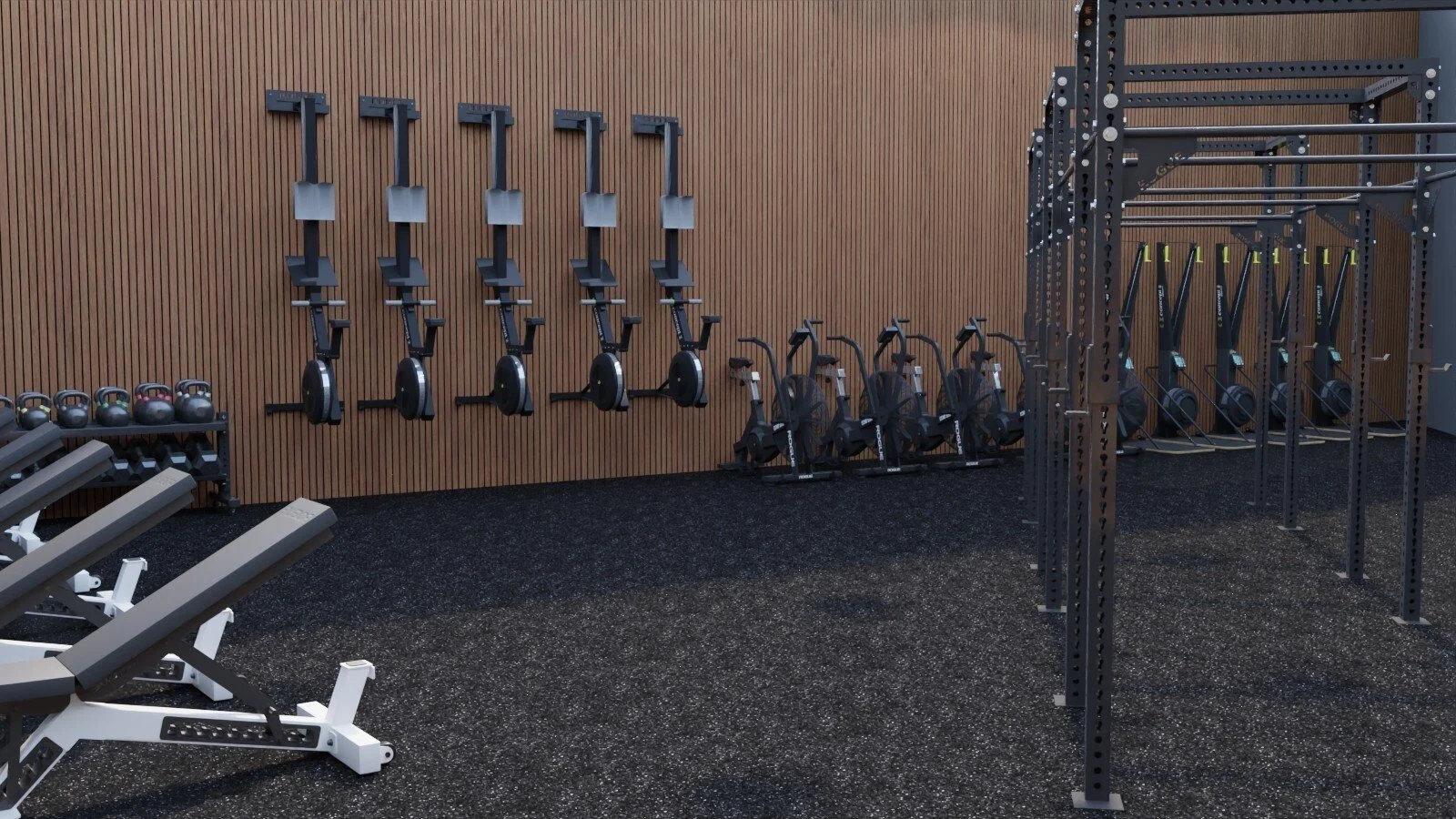 Indoor gym with black workout equipment, including kettlebells on a rack, rowing machines, and weightlifting stations, against a wooden wall with vertical slats.